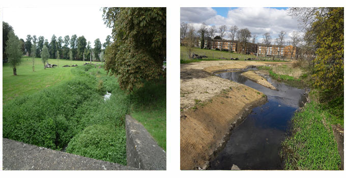 The downstream end of the reach before and after