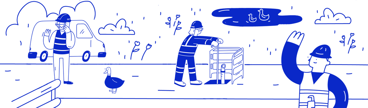 Header illustration, man on phone woman digging man waving