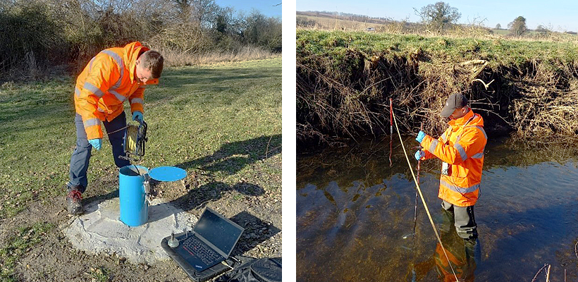 Man monitoring water levels in a borehole/downloading a logger (left), Man measuring river flows (right).