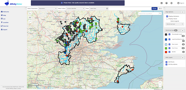 Screenshot of the Environmental data web portal