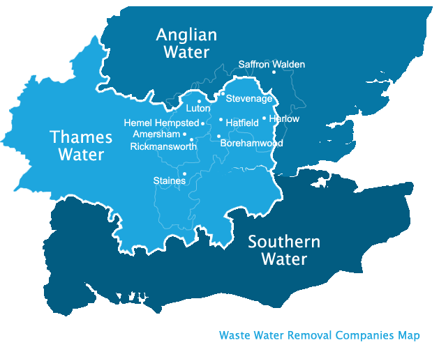Map of sewerage locations divided by water company